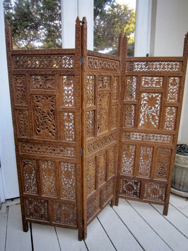 Vintage Wood Folding Screen Indian 70's Etsy