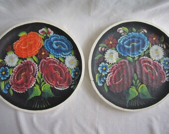 Vintage Mexican Wood Painted Plates, Pair