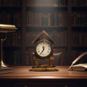 May include: A classic clock with Roman numerals on a wooden desk. The clock is in a wooden frame, and the desk has a lamp and an open book with a quill. The background shows a library with bookshelves filled with books.