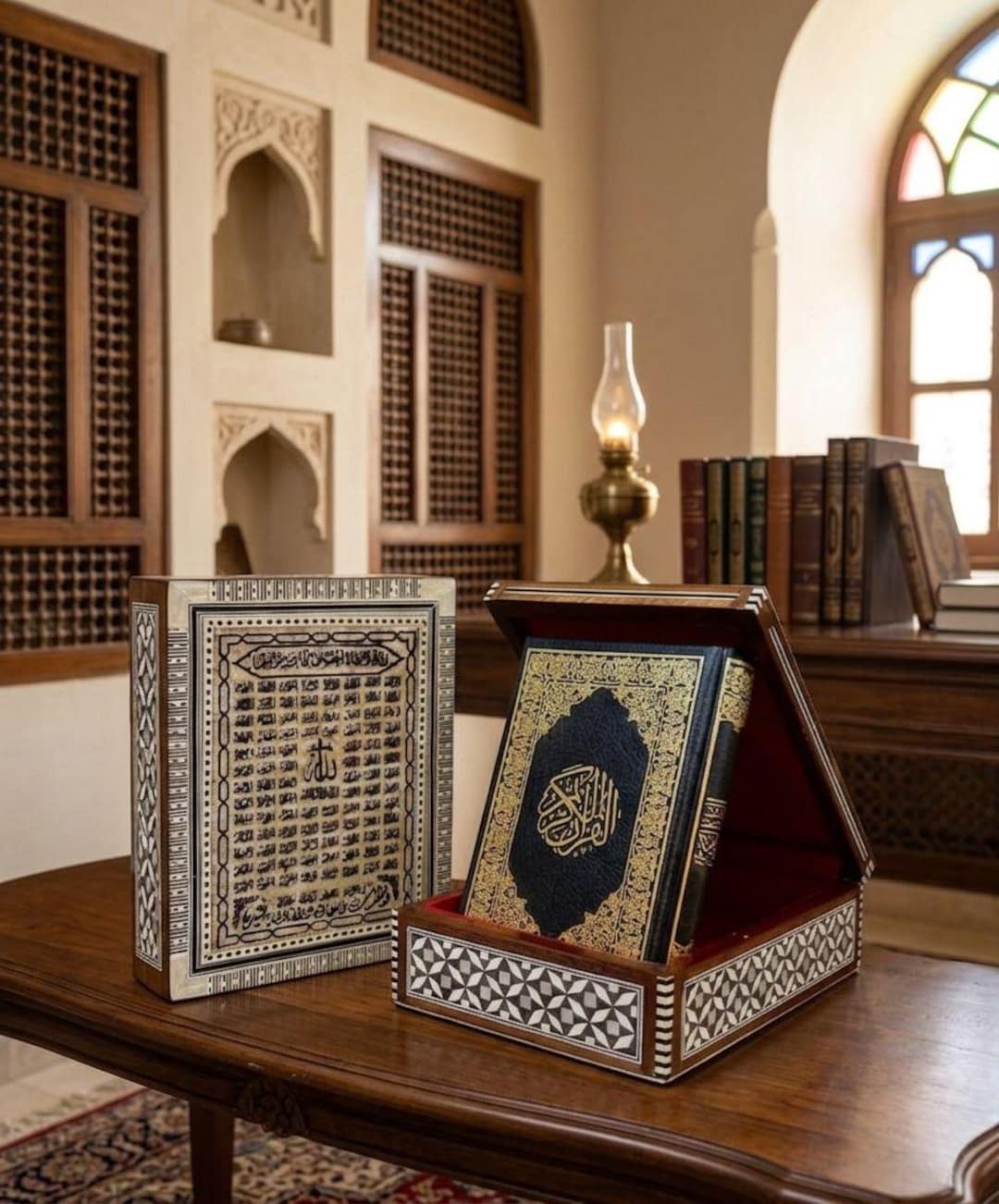 Egyptian Mosaic Shell Quran Box | Names of Allah & Red Lined Interior ...