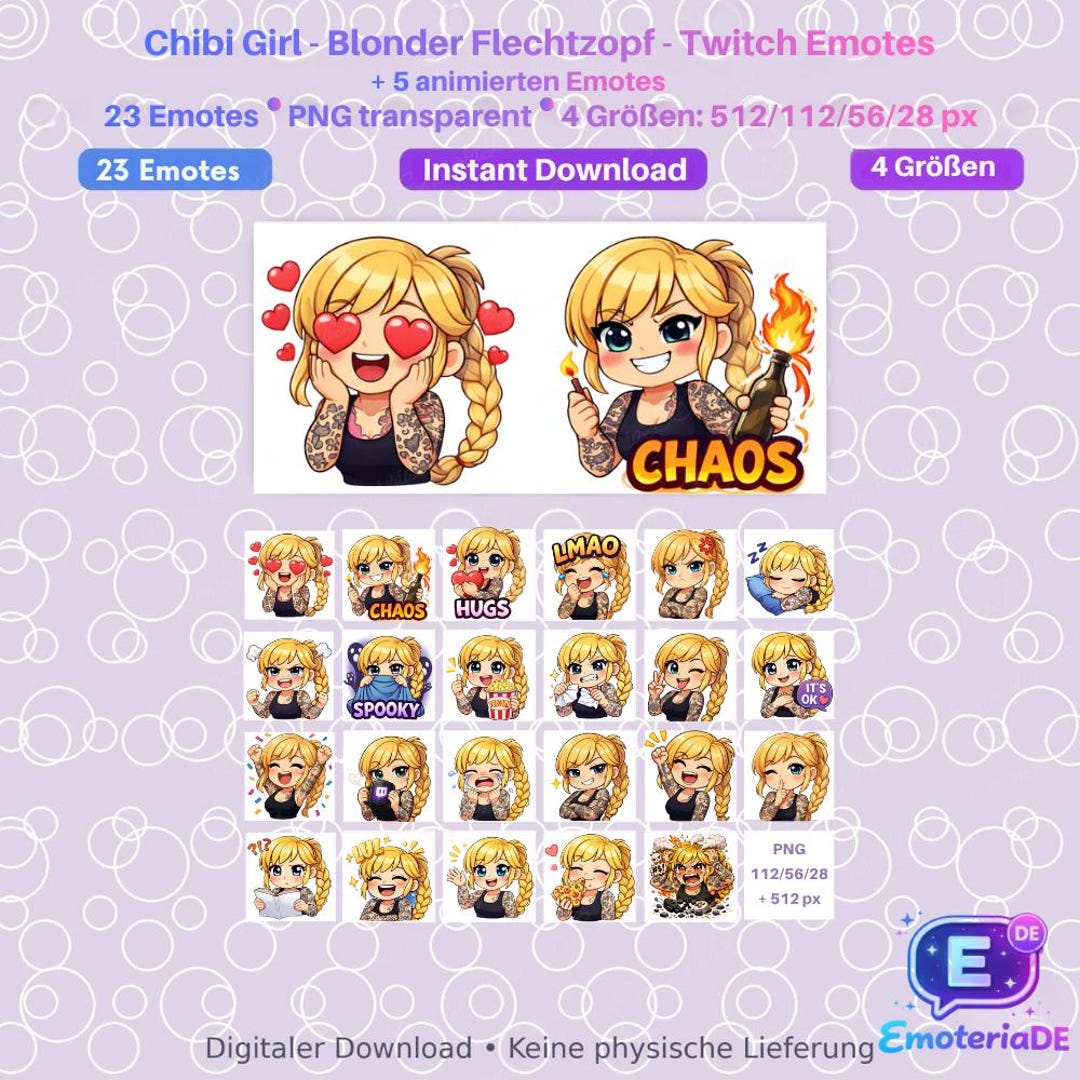 Twitch Emotes Pack - Chibi Girl - Blonder Flechtzopf - 23 Emotes + 5 ...