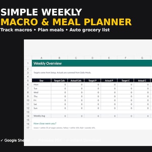 Simple Weekly Macro & Meal Planner | Google Sheets + Printable PDF | Beginner Fitness Tracker