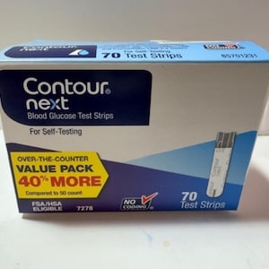May include: A box of Contour Next blood glucose test strips. The box is white, blue, and yellow, with the text "Contour next" in dark blue. It includes the text "70 Test Strips" and "Over-the-counter value pack 40% more".