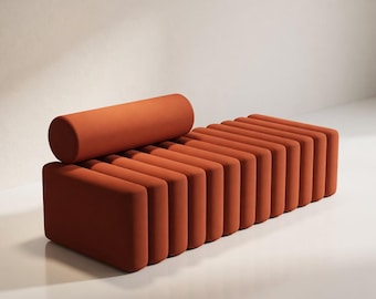 SOLIS VII | Ribbed Chaise Lounge | Terracotta Flannel Daybed with Bolster | Sculptural Bench Sofa for Living Room