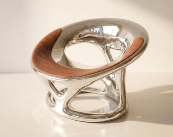 CROMA I | Sculptural Chrome Accent Chair | Mirror Polish Electroplated Art Chair - Walnut Wood Seat | Luxury Lounge