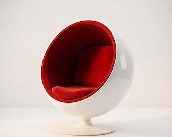 DOLA I | Balstoelhouder | Witte hoogglans Globe Egg Chair met rood interieur | Loungestoel retro Space Age-accent