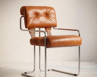 GUSTAVO I — Chaise en porte-à-faux en cuir | Dossier capitonné cognac - Structure luge chromée | Siège d'appoint de salle à manger Bauhaus rétro