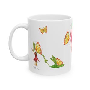 Floral Fantasy Shoe Ceramic Mug, Botanical Fuchsias and Yellow Butterfly Art Coffee Cup, Garden Gift, Flower Lover's Mug, 11oz or 15oz