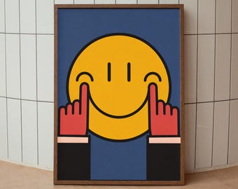 Middle Finger Smiley Poster, Funny Rude Wall Art, Blue Yellow Digital Download