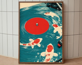 Koi Fish Poster Print, Vinyl Record Wall Art, Retro Music Decor, Surreal Digital Download