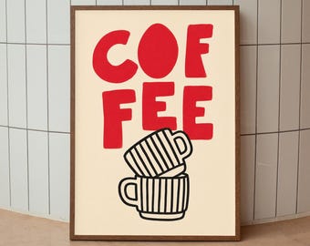 Coffee Poster Print, Red Typography Wall Art, Coffee Bar Kitchen Decor, Digital Download