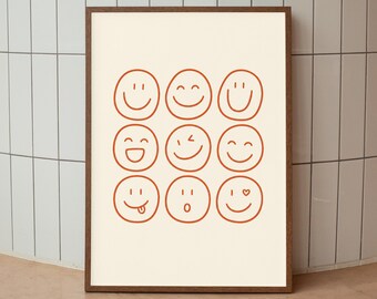 Smiley Face Poster Print, Happy Face Wall Art, Minimalist Orange Decor, Digital Download