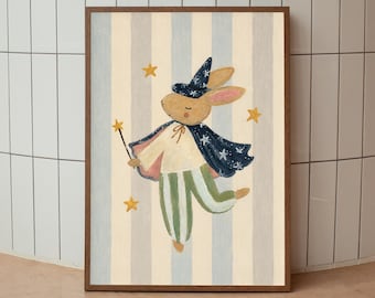 Cute Wizard Bunny Printable Wall Art, Magic Rabbit Star Wand Poster, Whimsical Nursery Decor, Fantasy Kids Room Digital Download Art