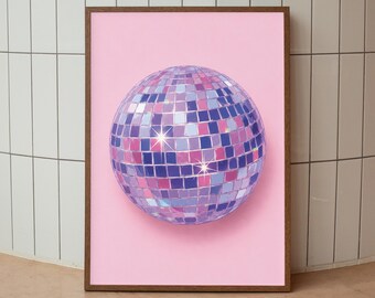 Disco Ball Wall Art, Pink Purple Glam Print, Y2K Aesthetic Decor, Preppy Bedroom Poster, Printable Digital Download