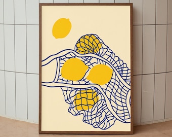 Lemon Poster Print, Citrus Kitchen Wall Art, Mediterranean Fruit Decor, Digital Download