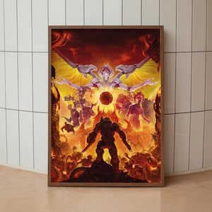 May include: A framed poster with a dynamic illustration. The artwork shows a central armored figure, surrounded by demonic entities and a celestial being, set against a fiery, hellish background. The colour scheme is dominated by oranges, reds, and yellows.