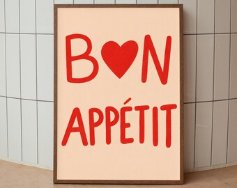 Bon Appetit Poster, French Kitchen Wall Art, Bistro Dining Decor, Red Typography Digital Download