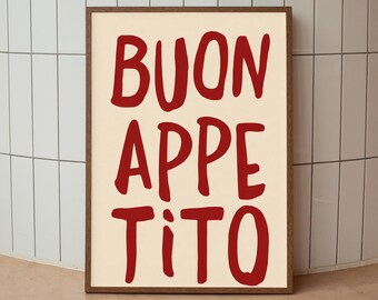 Italian Kitchen Poster, Buon Appetito Wall Art, Red Typography Print, Digital Download