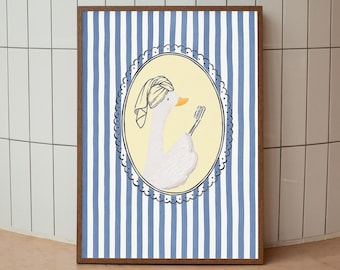 Bathroom Poster Print, Funny Goose Brushing Teeth Wall Art, Whimsical Powder Room Decor, Digital Download