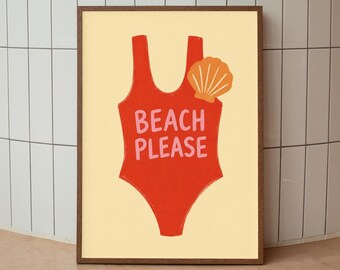 Beach Please Poster, Coastal Wall Art, Swimsuit Print, Beach House Decor, Digital Download