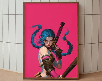 May include: A framed art print featuring a character with blue hair and a weapon against a vibrant pink background. The character is depicted in a dynamic pose, holding a gun with intricate details. The artwork has a digital painting style with bold colors and sharp lines.