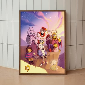May include: A framed art print depicting a group of cartoon characters against a sunset sky. The characters are diverse, with a mix of human-like and fantastical designs. The artwork is vibrant, with a warm colour palette of pinks, oranges, and blues.
