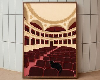 Black Cat Poster Print, Theater Wall Art, Whimsical Opera House Decor, Digital Download