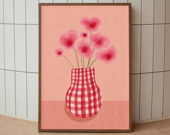 Pink Floral Poster Print, Gingham Vase Wall Art, Cottagecore Botanical Decor, Digital Download