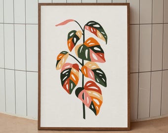 Monstera Poster Print, Colorful Botanical Wall Art, Retro Plant Decor, Digital Download