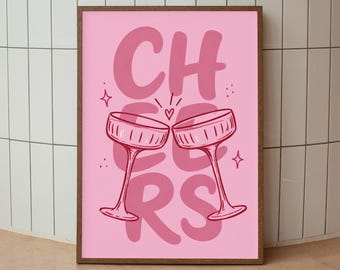 Cheers Poster Print, Pink Champagne Wall Art, Cocktail Bar Decor, Digital Download
