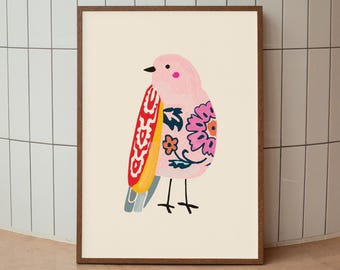 Folk Art Bird Wall Art, Whimsical Floral Bird Print, Boho Nursery Decor, Cute Scandinavian Poster, Printable Digital Download