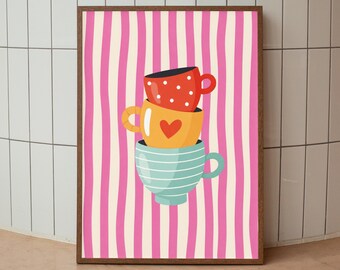 Coffee Cup Poster Print, Colorful Stacked Mugs Wall Art, Retro Kitchen Decor, Digital Download