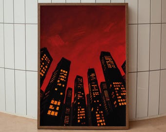Cityscape Poster Print, Red Urban Wall Art, Moody Skyscraper Artwork, Modern Digital Download