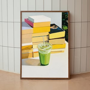 Books and Matcha Wall Art, Cozy Reading Nook Print, Green Iced Latte Poster, Book Lover Cafe Decor for Library Gallery Wall Gift Idea