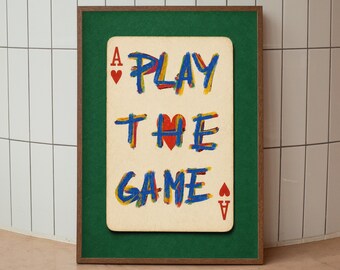 Playing Card Poster Print, Play The Game Wall Art, Retro Game Room Decor, Digital Download