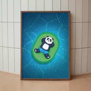 May include: A framed art print featuring a cartoon panda relaxing on a green pool float in blue water. The panda is wearing blue shorts and has its arms behind its head. The artwork has a whimsical and playful style.