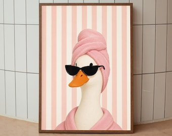 Funny Duck Bathroom Wall Art, Spa Day Duck in Sunglasses Print, Pink Preppy Decor, Glam Self Care Poster, Printable Digital Download