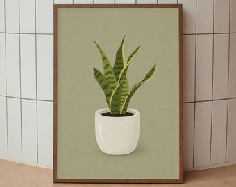 Snake Plant Poster Print, Botanical Wall Art, Minimalist Houseplant Decor, Green Plant Digital Download