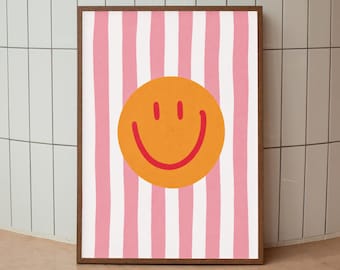 Smiley Face Wall Art, Retro Happy Face Print, Preppy Pink Dorm Decor, Groovy Dopamine Poster, Printable Digital Download
