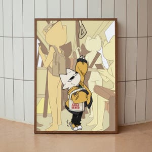 May include: A framed art print featuring an anime-style cat character in a yellow jacket and black pants, holding a shopping bag. The background shows other passengers on a train, rendered in muted yellow tones.