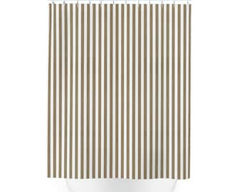 Premium Fabric SHOWER CURTAIN | Traditional Oxford Denim Stripe Adobe Brown White Print | Neutral Geometric Minimalist | Machine Washable