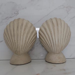 May include: Two off-white seashell sculptures with a textured finish. Each shell is fan-shaped with vertical ridges and sits on a rounded base. The background is a white marble pattern.