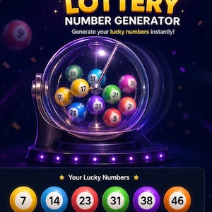 May include: An illustration of a lottery number generator. The image features a transparent sphere containing numbered balls. Below, six numbered balls are displayed: 7, 14, 23, 31, 38, and 46. The text "LOTTERY NUMBER GENERATOR" is at the top.
