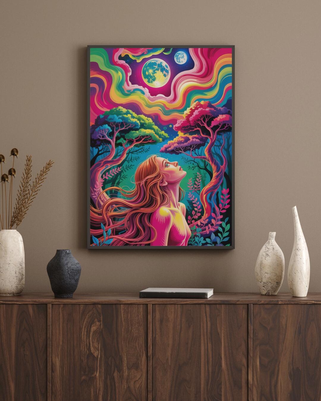 Psychedelic Woman Forest Poster | Trippy Moon Art | Surreal Neon Nature ...