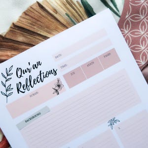 May include: A white journal page with the text "Qur'an Reflections" and floral illustrations. The page has sections for notes, dates, and verses, with a soft pink color scheme. The journal is set against a backdrop of patterned fabrics.