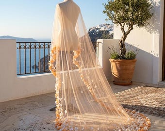 Autumn Bridal Tulle Scarf Ivory Wedding Shawl Orange Floral Petal Wrap Fall Bride Cover Up Winter Wedding Accessory Gift