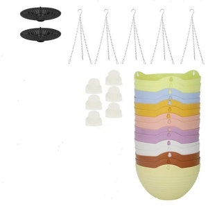 May include: Set of 10 colorful plastic hanging planters with 5 matching white drainage discs and 5 silver chains. The planters are stacked in a rainbow pattern, with the top planter being light green and the bottom planter being light yellow.