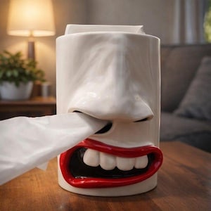 May include: A whimsical white ceramic tissue box shaped like a face, featuring a large nose, red lips, and white teeth. A tissue is pulled from the nose. The tissue box is on a wooden table.