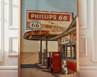Route 66 Vintage Print | Phillips 66 Gas Station Poster | Classic Road Trip Decor