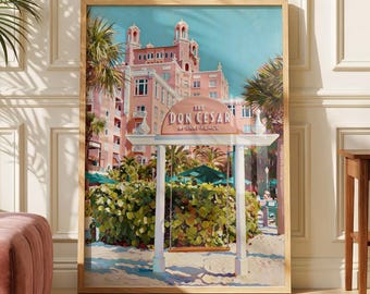 The Don CeSar Hotel Print | Pink Palace Florida Art | Retro Travel Poster | Palm Tree Beach Decor | Coastal Wall Decor |  Luxury Travel Gift